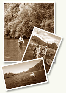 Fly fishing in Chile. A remote river back in the Andes valleys of the beautiful lake region. Our guests Gerry and Helen Rose from Australia, during the 2005 trout season. Cumilahue Fly Fishing Lodge.