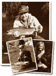 Ernest Schwiebert, master angler, our dear late friend, with whom we shared the fishing secrets of the superb rivers of our valley for over 30 years. Here he shows a rainbow trout from the Cumilahue River. Chile.