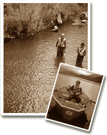 Fly fishing Chile. Adrian Dufflocq (on the right) plays a nice trout and teaches a novice angler how it is done. Wading the Cumilahue River. 